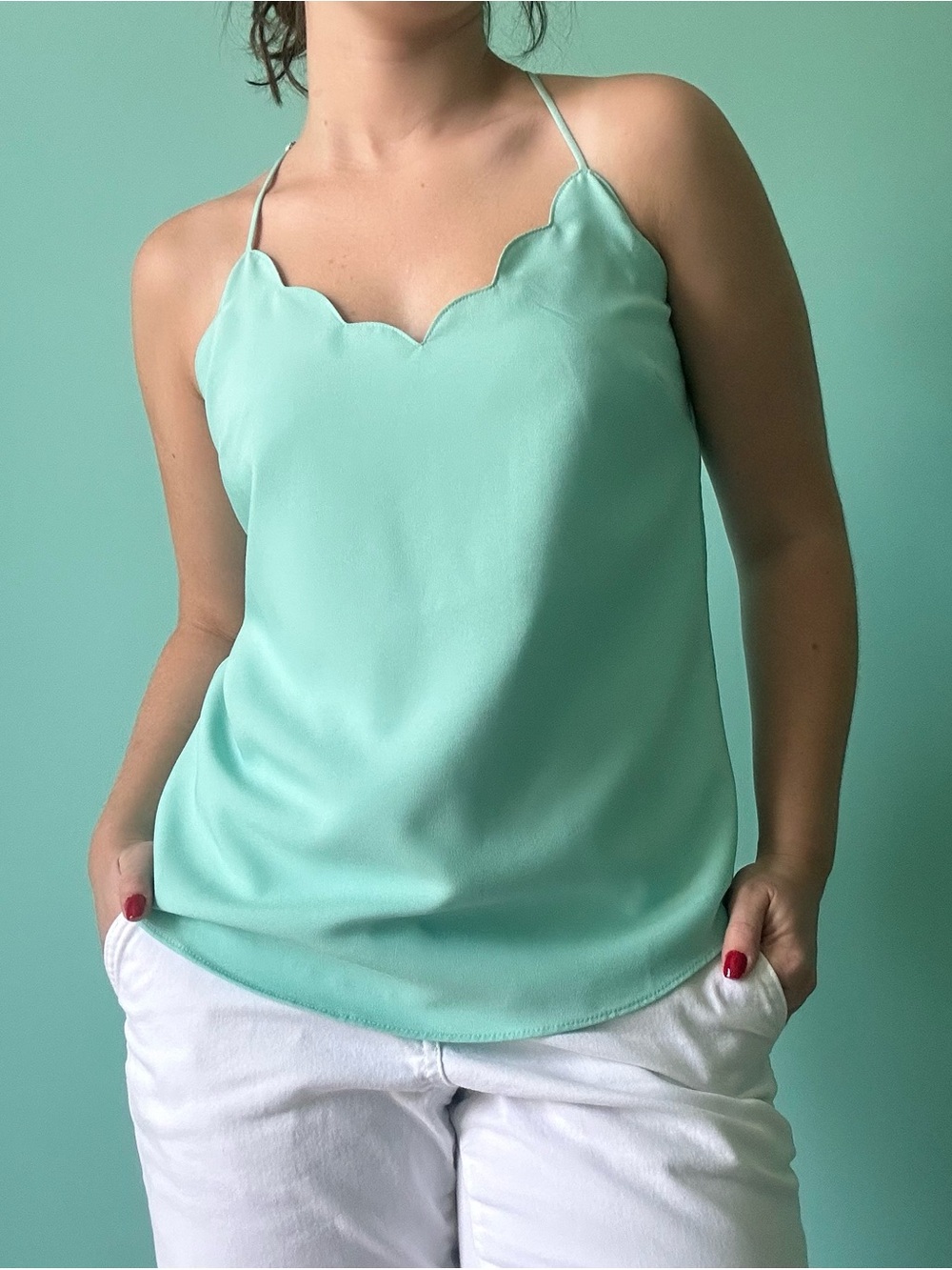 J. Crew Mint Scalloped V-Neck Spaghetti Strap Camisole
